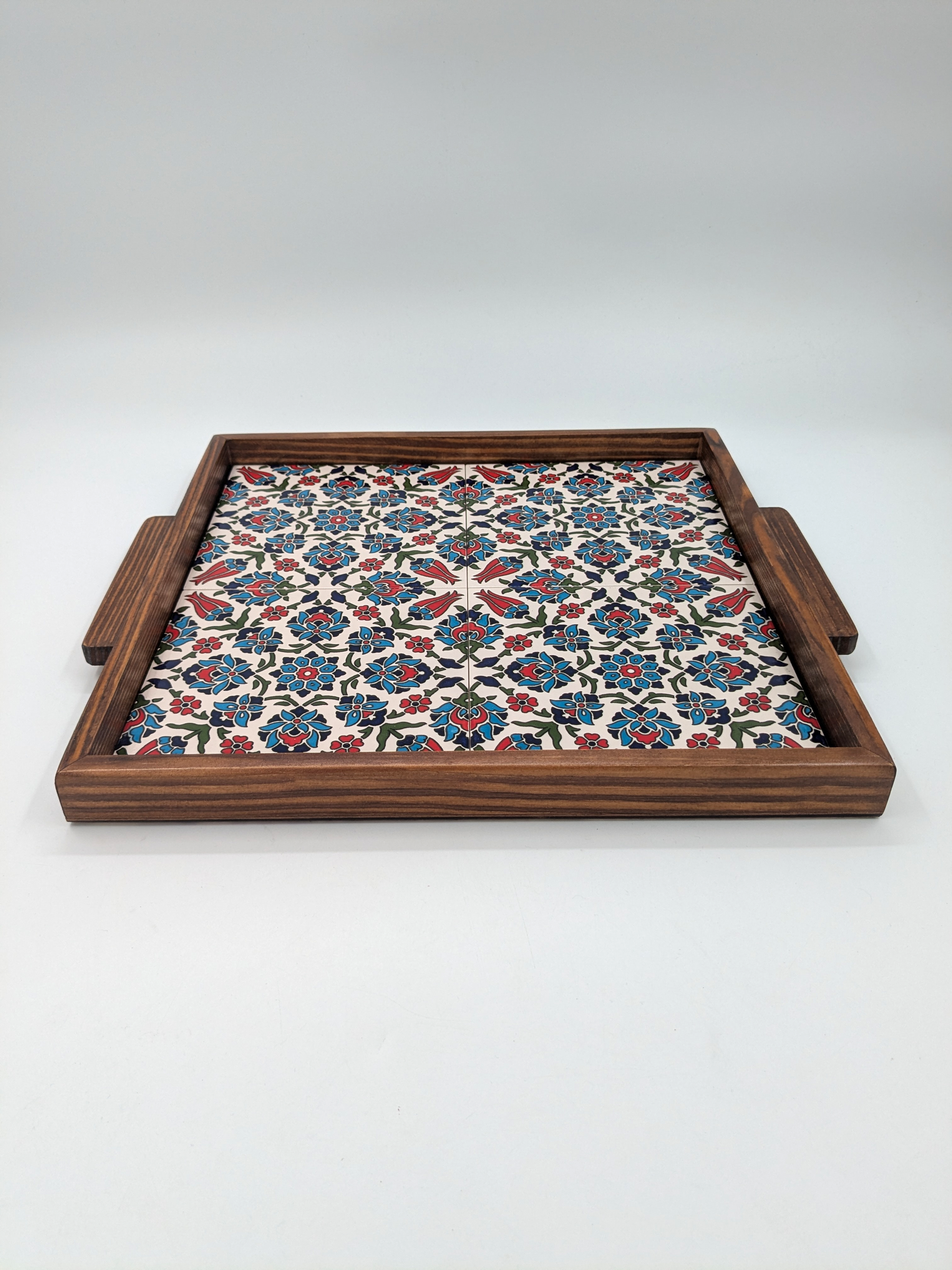 Handmade serving tray from Palestine - red/blue floral