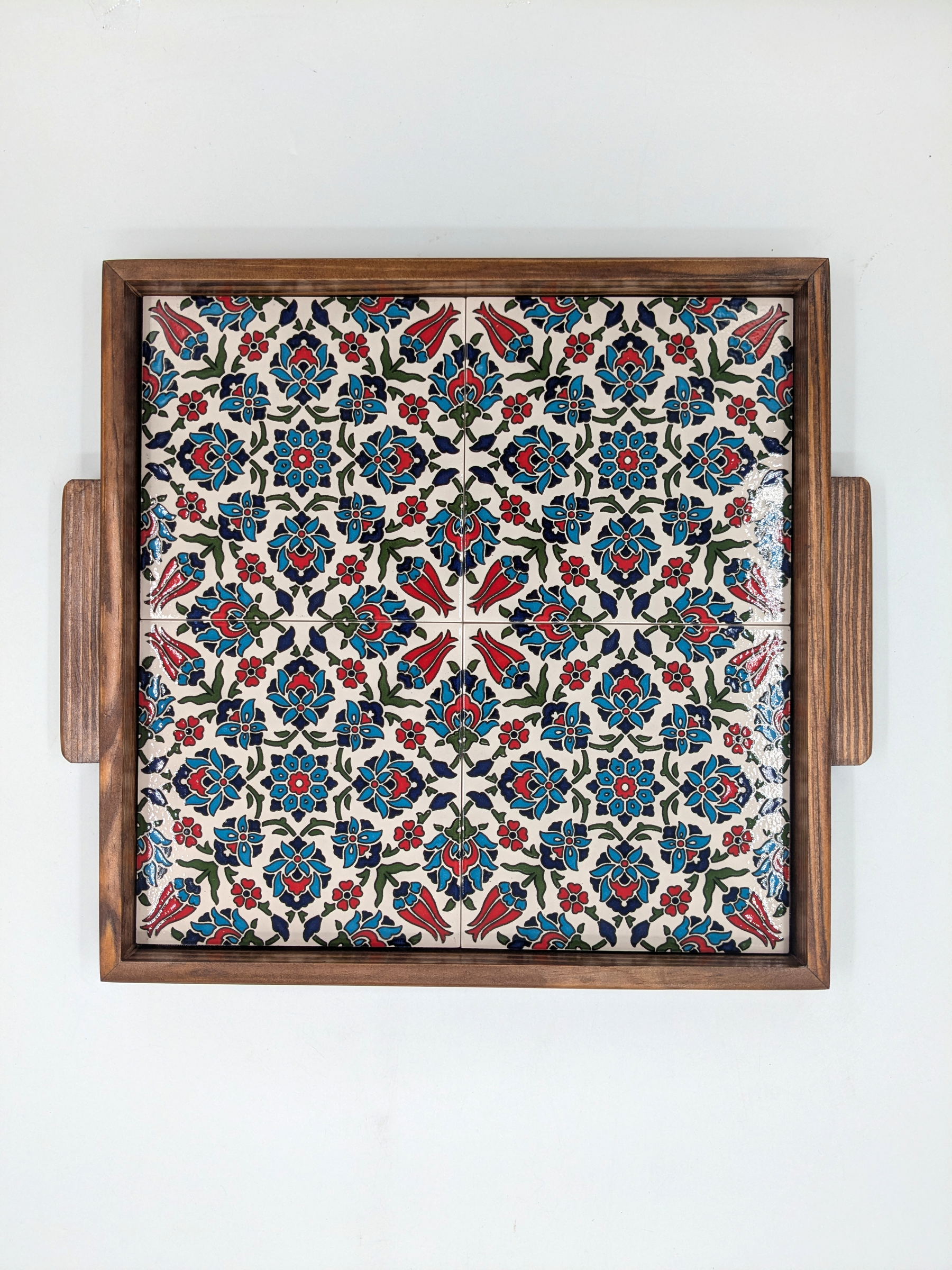 Handmade serving tray from Palestine - red/blue floral